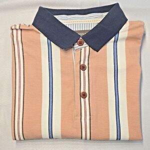 Haggar Polo Shirt L BNWT PEACH Blue Red White Stripe 100% Cotton Collared Polo